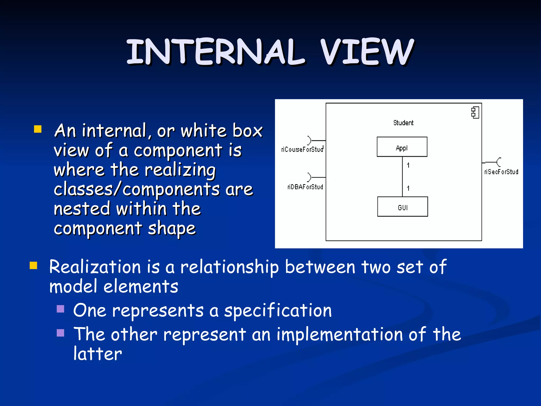INTERNAL VIEW

   An internal, or white box
    view of a component is
    where the realizing
    classes/components are
    nested within the
    component shape

   Realization is a relationship between two set of
    model elements
      One represents a specification
      The other represent an implementation of the
       latter
 