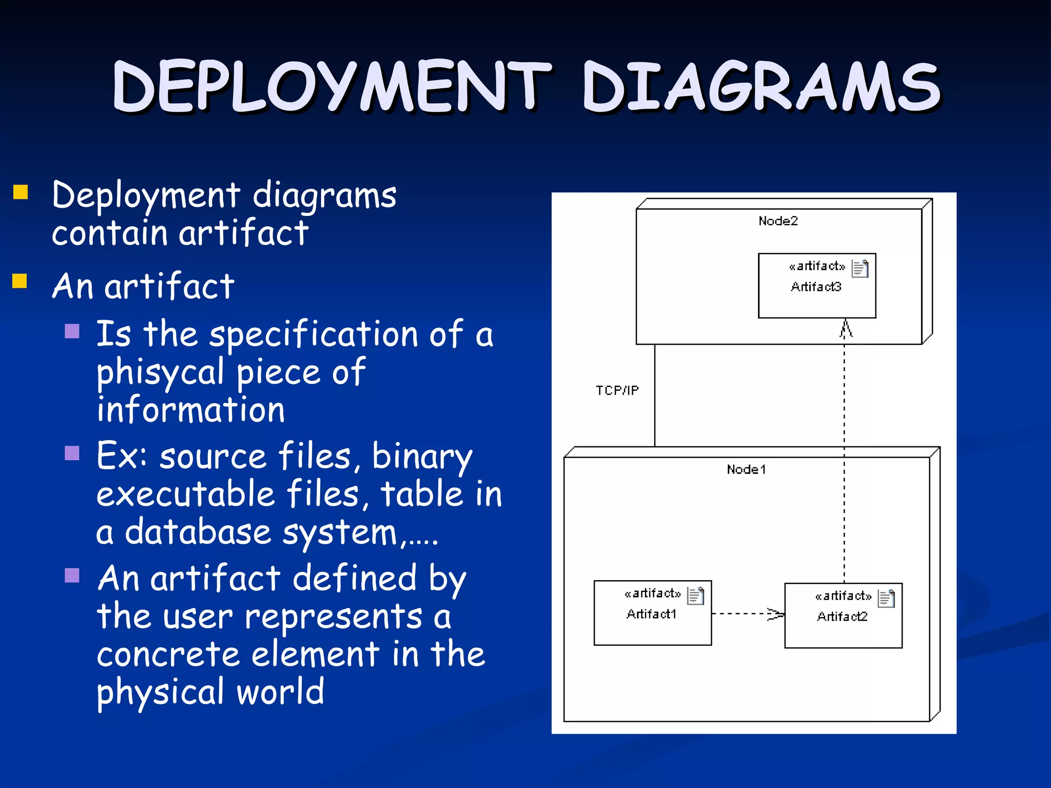 DEPLOYMENT DIAGRAMS
   Deployment diagrams
    contain artifact
   An artifact
      Is the specification of a
       phisycal piece of
       information
      Ex: source files, binary
       executable files, table in
       a database system,….
      An artifact defined by
       the user represents a
       concrete element in the
       physical world
 