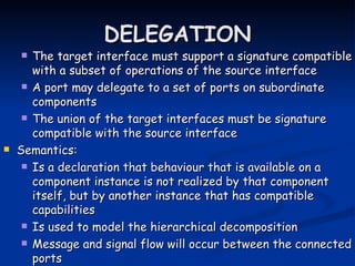 DELEGATION
      The target interface must support a signature compatible
       with a subset of operations of the source interface
      A port may delegate to a set of ports on subordinate
       components
      The union of the target interfaces must be signature
       compatible with the source interface
   Semantics:
      Is a declaration that behaviour that is available on a
       component instance is not realized by that component
       itself, but by another instance that has compatible
       capabilities
      Is used to model the hierarchical decomposition

      Message and signal flow will occur between the connected
       ports
 