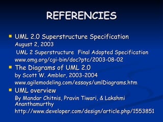 REFERENCIES
   UML 2.0 Superstructure Specification
    August 2, 2003
    UML 2 Superstructure Final Adopted Specification
    www.omg.org/cgi-bin/doc?ptc/2003-08-02
   The Diagrams of UML 2.0
    by Scott W. Ambler, 2003-2004
    www.agilemodeling.com/essays/umlDiagrams.htm
   UML overview
    By Mandar Chitnis, Pravin Tiwari, & Lakshmi
    Ananthamurthy
    http://www.developer.com/design/article.php/1553851
 