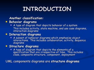 INTRODUCTION
    Another classification:
   Behavior diagrams
       A type of diagram that depicts behavior of a system
        This includes activity, state machine, and use case diagrams,
        interaction diagrams
   Interaction diagrams
       A subset of behavior diagrams which emphasize object
        interactions.  This includes collaboration, activity, sequence
        diagrams
   Structure diagrams
       A type of diagram that depicts the elements of a
        specification that are irrespective of time.  This includes
        class, composite structure, component, deployment

UML components diagrams are structure diagrams
 