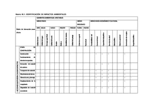 Matriz M.1: IDENTIFICACIÓN DE IMPACTOS AMBIENTALES
Matriz de interacción causa-
efecto
ELEMENTOSAMBIENTALES AFECTABLES
MEDIOFISICO MEDIO
BIOLÓGICO
MEDIOSOCIO-ECONÓMICOYCULTURAL
AIRE AGUA SUELO RELIEVE PAISAJE FLORA FAUNA
Calidaddelaire
Calidaddelagua
Drenajesuperficial
Calidaddelsuelo
Erosión
Relieve
Estabilidaddetaludes
Calidaddelpaisaje
Coberturavegetal
Faunalocal
Transitabilidadvial
Comerciolocal
Capacidadadquisitiva
Serviciodesalud
Saludpública
Saludocupacional
Generacióndeempleo
Seguridadpública
---ACCIONESQUEPUEDENCAUSARIMPACTOS
ETAPA DE
CONSTRUCCIÓN
Construcción y
funcionamiento de
desvíostemporales
- - - - - - - - - - - + + + - - + -
Extracción de material
decantera
- - - - - - - - - - - + + + - - + -
Transportedematerial - - - - - - - - - - - + + + - - + -
Movimientodetierras - - - - - - - - - - - + + + - - + -
Obrasdearteydrenaje - - - - - - - - - - - + + + - - + -
Desplazamiento de la
maquinaria
- - - - - - - - - - - + + + - - + -
Disposición de material
excedente
- - - - - - - - - - - + + + - - + -
 