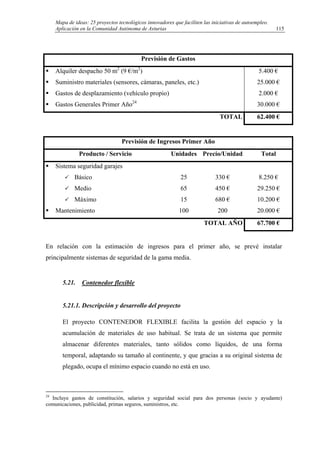 Mapa de ideas: 25 proyectos tecnológicos innovadores que faciliten las iniciativas de autoempleo.
Aplicación en la Comunidad Autónoma de Asturias
Previsión de Gastos
Alquiler despacho 50 m2
(9 €/m2
)
Suministro materiales (sensores, cámaras, paneles, etc.)
Gastos de desplazamiento (vehículo propio)
Gastos Generales Primer Año24
5.400 €
25.000 €
2.000 €
30.000 €
TOTAL 62.400 €
Previsión de Ingresos Primer Año
Producto / Servicio Unidades Precio/Unidad Total
Sistema seguridad garajes
Básico
Medio
Máximo
25
65
15
330 €
450 €
680 €
8.250 €
29.250 €
10.200 €
Mantenimiento 100 200 20.000 €
TOTAL AÑO 67.700 €
En relación con la estimación de ingresos para el primer año, se prevé instalar
principalmente sistemas de seguridad de la gama media.
5.21. Contenedor flexible
5.21.1. Descripción y desarrollo del proyecto
El proyecto CONTENEDOR FLEXIBLE facilita la gestión del espacio y la
acumulación de materiales de uso habitual. Se trata de un sistema que permite
almacenar diferentes materiales, tanto sólidos como líquidos, de una forma
temporal, adaptando su tamaño al continente, y que gracias a su original sistema de
plegado, ocupa el mínimo espacio cuando no está en uso.
24
Incluye gastos de constitución, salarios y seguridad social para dos personas (socio y ayudante)
comunicaciones, publicidad, primas seguros, suministros, etc.
115
 