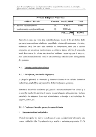 Mapa de ideas: 25 proyectos tecnológicos innovadores que faciliten las iniciativas de autoempleo.
Aplicación en la Comunidad Autónoma de Asturias
Previsión de Ingresos Primer Año
Producto / Servicio Unidades Precio/Unidad Total
Resaltos electromecánicos
Mantenimiento y asistencia técnica
10
10
8.700 €
100 €/año
87.000
-
TOTAL AÑO 87.000 €
Respecto al precio de venta, éste responde al precio medio de los productos, dado
que existe una amplia variedad entre las unidades a instalar (detectores de velocidad,
materiales, etc.). Por otro lado, también se comercializa junto con el resalto
automático un servicio de mantenimiento y asistencia técnica a través de una cuota
anual. Por tratarse del primer año, no se han tenido en cuenta ingresos al respecto,
pues tanto el mantenimiento como el servicio técnico están incluidos en la garantía
del producto.
5.23. Sistema domótico inalámbrico
5.23.1. Descripción y desarrollo del proyecto
El proyecto pretende el desarrollo y comercialización de un sistema domótico
inalámbrico, ampliable y reprogramable, de fácil instalación y manejo.
Se trata de desarrollar un sistema que, gracias a su funcionamiento “sin cables” y a
su sencilla instalación, permita al usuario colocar el equipo cómodamente e incluso
trasladarlo sin necesidad de recurrir a instaladores, y sin dejar la vivienda llena de
agujeros, cables, etc.
5.23.2. Productos / Servicios que serán comercializados
Sistema domótico inalámbrico
Permite incorporar las nuevas tecnologías al hogar y proporcionar al usuario una
mayor calidad de vida. El producto incluye no sólo el autómata programable (PLC)
123
 
