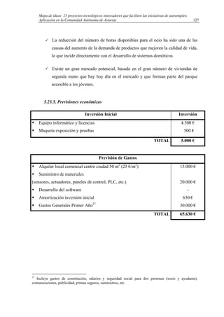 Mapa de ideas: 25 proyectos tecnológicos innovadores que faciliten las iniciativas de autoempleo.
Aplicación en la Comunidad Autónoma de Asturias
La reducción del número de horas disponibles para el ocio ha sido una de las
causas del aumento de la demanda de productos que mejoren la calidad de vida,
lo que incide directamente con el desarrollo de sistemas domóticos.
Existe un gran mercado potencial, basado en el gran número de viviendas de
segunda mano que hay hoy día en el mercado y que forman parte del parque
accesible a los jóvenes.
5.23.5. Previsiones económicas
Inversión Inicial Inversión
Equipo informático y licencias
Maqueta exposición y pruebas
4.500 €
500 €
TOTAL 5.000 €
Previsión de Gastos
Alquiler local comercial centro ciudad 50 m2
(25 €/m2
)
Suministro de materiales
(sensores, actuadores, paneles de control, PLC, etc.)
Desarrollo del software
Amortización inversión inicial
Gastos Generales Primer Año27
15.000 €
20.000 €
-
630 €
30.000 €
TOTAL 65.630 €
27
Incluye gastos de constitución, salarios y seguridad social para dos personas (socio y ayudante),
comunicaciones, publicidad, primas seguros, suministros, etc.
127
 