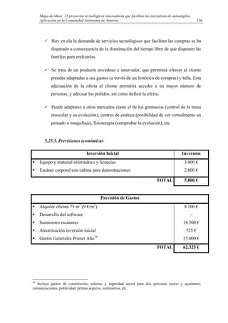 Mapa de ideas: 25 proyectos tecnológicos innovadores que faciliten las iniciativas de autoempleo.
Aplicación en la Comunidad Autónoma de Asturias
Hoy en día la demanda de servicios tecnológicos que faciliten las compras se ha
disparado a consecuencia de la disminución del tiempo libre de que disponen las
familias para realizarlas.
Se trata de un producto novedoso e innovador, que permitirá ofrecer al cliente
prendas adaptadas a sus gustos (a través de un histórico de compras) y talla. Esta
adecuación de la oferta al cliente permitirá acceder a un mayor número de
personas, y adecuar los pedidos, así como definir la oferta.
Puede adaptarse a otros mercados como el de los gimnasios (control de la masa
muscular y su evolución), centros de estética (posibilidad de ver virtualmente un
peinado o maquillaje), fisioterapia (comprobar la evolución), etc.
5.25.5. Previsiones económicas
Inversión Inicial Inversión
Equipo y material informático y licencias
Escáner corporal con cabina para demostraciones
3.000 €
2.800 €
TOTAL 5.800 €
Previsión de Gastos
Alquiler oficina 75 m2
(9 €/m2
)
Desarrollo del software
Suministro escáneres
Amortización inversión inicial
Gastos Generales Primer Año29
8.100 €
-
18.500 €
725 €
35.000 €
TOTAL 62.325 €
29
Incluye gastos de constitución, salarios y seguridad social para dos personas (socio y ayudante),
comunicaciones, publicidad, primas seguros, suministros, etc.
136
 