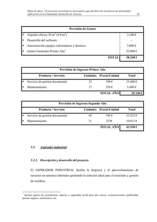 Mapa de ideas: 25 proyectos tecnológicos innovadores que faciliten las iniciativas de autoempleo.
Aplicación en la Comunidad Autónoma de Asturias
Previsión de Gastos
Alquiler oficina 30 m2
(9 €/m2
)
Desarrollo del software
Amortización equipos informáticos y técnicos
Gastos Generales Primer Año1
3.240 €
-
3.000 €
32.000 €
TOTAL 38.240 €
Previsión de Ingresos Primer Año
Producto / Servicio Unidades Precio/Unidad Total
Servicio de gestión documental 32 740 € 23.680 €
Mantenimiento 17 320 € 5.440 €
TOTAL AÑO 29.120 €
Previsión de Ingresos Segundo Año
Producto / Servicio Unidades Precio/Unidad Total
Servicio de gestión documental 45 745 € 33.525 €
Mantenimiento 31 323€ 10.013 €
TOTAL AÑO 43.538 €
5.2. Aspirador industrial
5.2.1. Descripción y desarrollo del proyecto
El ASPIRADOR INDUSTRIAL facilita la limpieza y el aprovechamiento de
recursos en entornos laborales aportando la solución ideal para el reciclado y gestión
de residuos.
1
Incluye gastos de constitución, salarios y seguridad social para dos socios, comunicaciones, publicidad,
primas seguros, suministros, etc.
26
 