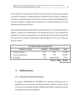 Mapa de ideas: 25 proyectos tecnológicos innovadores que faciliten las iniciativas de autoempleo.
Aplicación en la Comunidad Autónoma de Asturias
En la estimación de ingresos para el primer año se ha tenido en cuenta que para la puesta
en marcha del proyecto, se dedica gran parte del período inicial al diseño y producción.
Asimismo, se ha destinado parte de los recursos a realizar acciones de marketing para dar a
conocer los productos, optando por la exposición en un stand promocional de la Feria
Internacional de Muestras de Gijón.
Esta acción promocional permitirá obtener durante el primer año, un importante número de
pedidos y acuerdos de comercialización con empresas del sector, lo que significará un
aumento de los ingresos del segundo año, así como permitirá alcanzar en los dos primeros
años una cuota de mercado correspondiente a aproximadamente el 10% de los niños que
nacen en Asturias.
Previsión de Ingresos Segundo Año
Producto / Servicio Unidades Precio/Unidad Total
Vajillas completas
Servicios individuales
Recambios
270
1800
350
50 €
30 €
según producto
13.500 €
54.000 €
1.750 €
TOTAL AÑO 69.250 €
5.5. Inhibidor de motores
5.5.1. Descripción y desarrollo del proyecto
El proyecto INHIBIDOR DE MOTORES está orientado inicialmente para su
implantación en motos náuticas. Su utilización permite mantener un entorno seguro
en zonas de recreo acuáticas, donde la confluencia de bañistas y usuarios de este tipo
de embarcaciones resulta muy habitual.
39
 