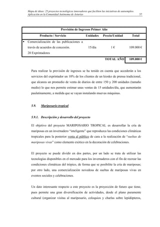 Mapa de ideas: 25 proyectos tecnológicos innovadores que faciliten las iniciativas de autoempleo.
Aplicación en la Comunidad Autónoma de Asturias
Previsión de Ingresos Primer Año
Producto / Servicio Unidades Precio/Unidad Total
Comercialización de las publicaciones a
través de acuerdos de concesión.
20 Exprintadores
15/día 1 € 109.000 €
TOTAL AÑO 109.000 €
Para realizar la previsión de ingresos se ha tenido en cuenta que accederán a los
servicios del exprintador un 10% de los clientes de un kiosko de prensa tradicional,
que alcanza un promedio de venta de diarios de entre 150 y 200 unidades (tamaño
medio) lo que nos permite estimar unas ventas de 15 unidades/día, que aumentarán
paulatinamente, a medida que se vayan instalando muevas máquinas.
5.9. Mariposario tropical
5.9.1. Descripción y desarrollo del proyecto
El objetivo del proyecto MARIPOSARIO TROPICAL es desarrollar la cría de
mariposas en un invernadero “inteligente” que reproduzca las condiciones climáticas
tropicales para la posterior venta al público de cara a la realización de “sueltas de
mariposas vivas” como elemento exótico en la decoración de celebraciones.
El proyecto se puede dividir en dos partes, por un lado se trata de utilizar las
tecnologías disponibles en el mercado para los invernaderos con el fin de recrear las
condiciones climáticas del trópico, de forma que se posibilite la cría de mariposas;
por otro lado, una comercialización novedosa de sueltas de mariposas vivas en
eventos sociales y celebraciones.
Un dato interesante respecto a este proyecto es la proyección de futuro que tiene,
pues permite una gran diversificación de actividades, desde el plano puramente
cultural (organizar visitas al mariposario, coloquios y charlas sobre lepidópteros,
57
 