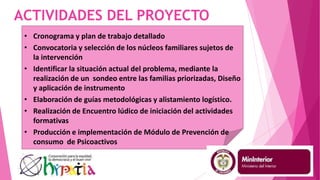 ACTIVIDADES DEL PROYECTO
• Cronograma y plan de trabajo detallado
• Convocatoria y selección de los núcleos familiares sujetos de
la intervención
• Identificar la situación actual del problema, mediante la
realización de un sondeo entre las familias priorizadas, Diseño
y aplicación de instrumento
• Elaboración de guías metodológicas y alistamiento logístico.
• Realización de Encuentro lúdico de iniciación del actividades
formativas
• Producción e implementación de Módulo de Prevención de
consumo de Psicoactivos
 