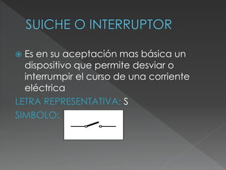  Es en su aceptación mas básica un
dispositivo que permite desviar o
interrumpir el curso de una corriente
eléctrica
LETRA REPRESENTATIVA: S
SIMBOLO:
 