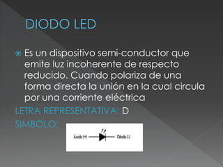  Es un dispositivo semi-conductor que
emite luz incoherente de respecto
reducido. Cuando polariza de una
forma directa la unión en la cual circula
por una corriente eléctrica
LETRA REPRESENTATIVA: D
SIMBOLO:
 