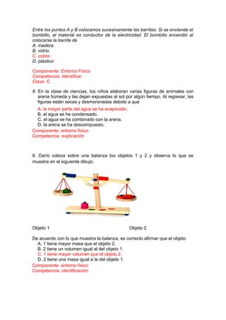 Entre los puntos A y B colocamos sucesivamente las barritas. Si se enciende el
bombillo, el material es conductor de la electricidad. El bombillo encendió al
colocarse la barrita de
A. madera.
B. vidrio.
C. cobre.
D. plástico
Componente: Entorno Físico
Competencia: Identificar
Clave: C
8. En la clase de ciencias, los niños elaboran varias figuras de animales con
arena húmeda y las dejan expuestas al sol por algún tiempo. Al regresar, las
figuras están secas y desmoronadas debido a que
A. la mayor parte del agua se ha evaporado.
B. el agua se ha condensado.
C. el agua se ha combinado con la arena.
D. la arena se ha descompuesto.
Componente: entorno físico
Competencia: explicación

9. Darío coloca sobre una balanza los objetos 1 y 2 y observa lo que se
muestra en el siguiente dibujo.

Objeto 1

Objeto 2

De acuerdo con lo que muestra la balanza, es correcto afirmar que el objeto
A. 1 tiene mayor masa que el objeto 2.
B. 2 tiene un volumen igual al del objeto 1.
C. 1 tiene mayor volumen que el objeto 2.
D. 2 tiene una masa igual a la del objeto 1.
Componente: entorno físico
Competencia: identificación

 