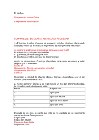 D. plástico.
Componente: entorno físico
Competencia: identificación

COMPONENTE DE CIENCIA, TECNOLOGÍA Y SOCIEDAD
1. Al terminar la salida al parque se recogieron botellas, plásticos, cáscaras de
naranjas y restos de mazorca; la mejor forma de manejar estas basuras es
A. separar lo orgánico de lo inorgánico para aprovechar lo útil.
B. enterrar todo junto para esconderlas.
C. quemarlas para que desaparezcan.
D. dejarlas al aire libre para que se descompongan
Acción de pensamiento: Propongo alternativas para cuidar mi entorno y evitar
peligros que lo amenazan
Grado: 4º
Componente: Ciencia, tecnología y sociedad
Competencia: Identificar
Clave: A
Reconocer la utilidad de algunos objetos, técnicas desarrolladas por el ser
humano para mantener la salud.
2. Andrés sembró 4 plantas y las regó durante un mes con diferentes líquidos,
tal como lo muestra la siguiente tabla.
Planta
Regada con
1.

agua pura

2.

agua con azúcar

3.

agua de lluvia ácida

4.

agua con orina

Después de un mes, la planta que más se ve afectada en su crecimiento
normal, es la que fue regada con
A.agua pura.
B.agua con azúcar.
C.agua de lluvia ácida.
D.agua con orina.

 