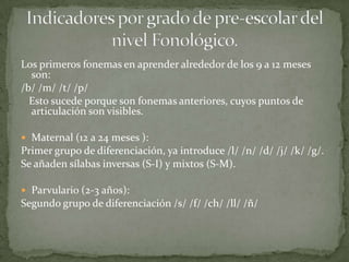 Los primeros fonemas en aprender alrededor de los 9 a 12 meses
  son:
/b/ /m/ /t/ /p/
  Esto sucede porque son fonemas anteriores, cuyos puntos de
  articulación son visibles.

 Maternal (12 a 24 meses ):
Primer grupo de diferenciación, ya introduce /l/ /n/ /d/ /j/ /k/ /g/.
Se añaden sílabas inversas (S-I) y mixtos (S-M).

 Parvulario (2-3 años):
Segundo grupo de diferenciación /s/ /f/ /ch/ /ll/ /ñ/
 
