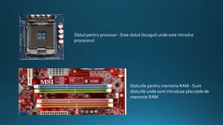 Slotul pentru procesor - Este slotul (locaşul) unde este introdus
procesorul
Sloturile pentru memoria RAM - Sunt
sloturile unde sunt introduse placuţele de
memorie RAM
 