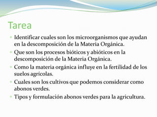 TareaIdentificar cuales son los microorganismos que ayudan en la descomposición de la Materia Orgánica.Que son los procesos bióticos y abióticos en la descomposición de la Materia Orgánica.Como la materia orgánica influye en la fertilidad de los suelos agrícolas. Cuales son los cultivos que podemos considerar como abonos verdes. Tipos y formulación abonos verdes para la agricultura.
