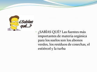 ¿SABÍAS QUÉ? Las fuentes más importantes de materia orgánica para los suelos son los abonos verdes, los residuos de cosechas, el estiércol y la turba