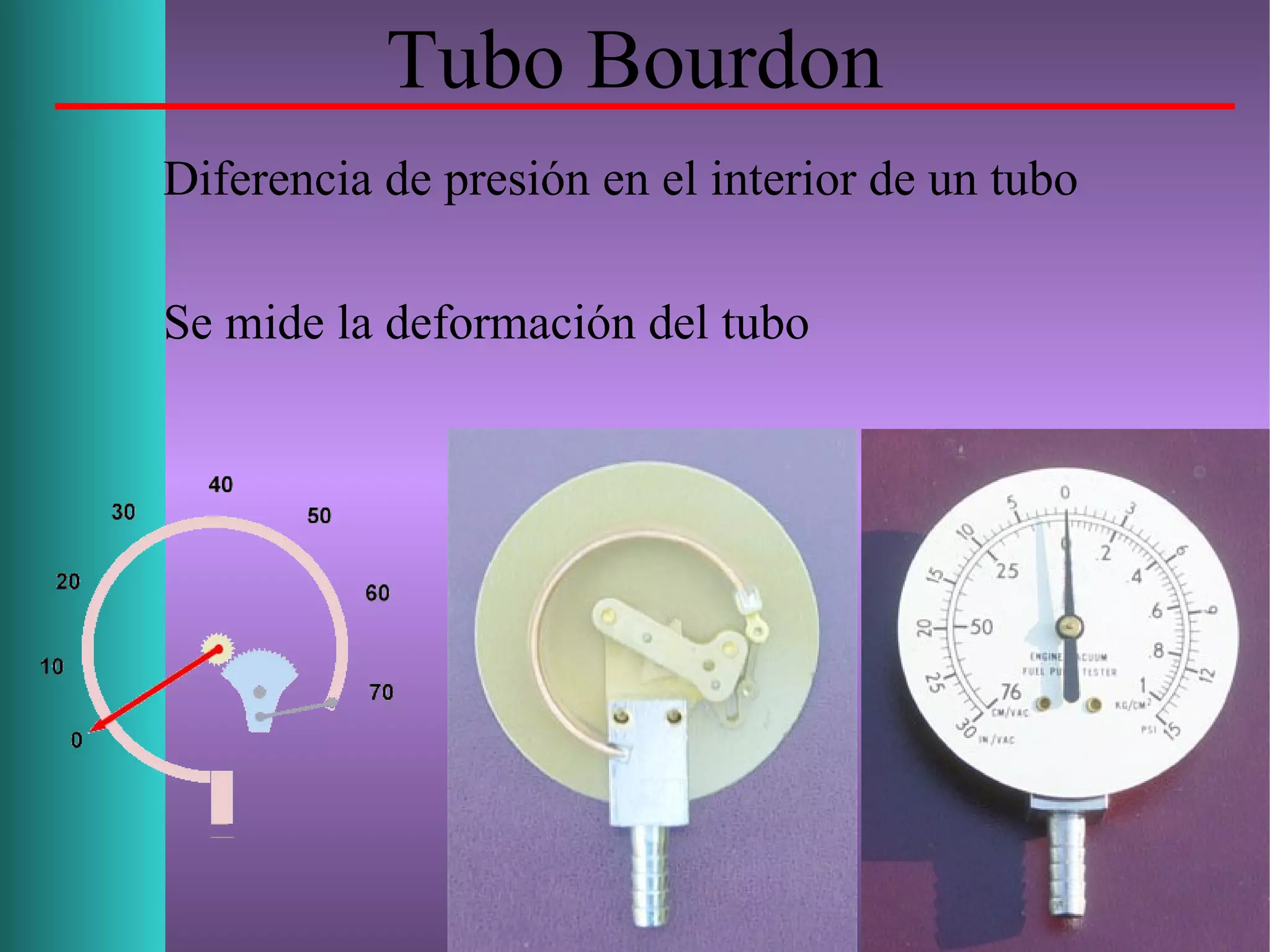 Tubo Bourdon
Diferencia de presión en el interior de un tubo
Se mide la deformación del tubo
 