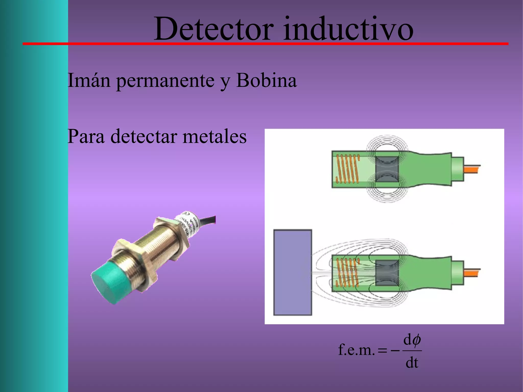 Detector inductivo
Imán permanente y Bobina
Para detectar metales
dt
d
f.e.m.
φ
−=
 