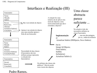 Pedro Ramos,
Interfaces e Realização (III)
UML – Diagrama de Componentes
Funcionário
Nome
Morada
Salário
Novo()
Remover()
Alterar()
Actualizar Salário()
Consultar()
Não é um método de objecto
Apenas é um método de objecto
caso seja consultar apenas a
ficha de um fornecedor
Funcionário
Nome
Morada
Salário
Alterar()
Actualizar Salário()
ConsultarFicha()
Funcionários
Novo()
Remover()
Consultar()
Necessidade de duas classes
(Funcionários não tem
atributos porque representa
a colecção dos
funcionários)
Os atributos das classes são
públicos? Não de acordo
com a teoria dos objectos
Implementação:
a)
Actualizar Salário (IDObjecto, Novo Salário)
Ou b)
Integer Id Objecto;
Float Salário;
SetID()
SetSalário()
Actualizar Salário ()
Na solução a) não são
necessários atributos na
classe Funcionário
Uma classe
abstracta
parece
suficiente ...
A solução b) é uma
tentativa de de aplicar uma
teoria de objectos a uma
teoria (relacional) que não é
orientada a objectos?
... mas tem desvantagens,
por ex., ordem de atributos
 