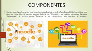 COMPONENTES
Una vez que el profesor entra en el espacio reservado al curso, se le ofrece la posibilidad de publicar dos
tipos de contenidos: de carácter estático, bajo la voz “Recursos”, y de carácter interactivo, llamados
“Actividades”. Se conoce como “Recursos” a los componentes que permiten al profesor:
 