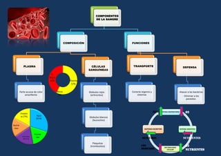 COMPONENTES
DE LA SANGRE
COMPOSICIÒN
PLASMA
Parte acuosa de color
amarillento
CÈLULAS
SANGUÌNEAS
Globulos rojos
(eritrocitos)
Globulos blancos
(leucocitos)
Plaquetas
(trombositos)
FUNCIONES
TRANSPORTE
Conecta organos y
sistemas
DEFENSA
-Atacan a las bacterias
- Eliminan a los
parasitos
Agua
(91%)
Hormo
nasElectrolitos
(Na,K,Ca)
Nutrie
ntes
Proteìn
as (7%)
Plasma
57%
Otros
1%
G.
Rojos
42%
SISTEMA RESPIRATORIO
SISTEMA DIGESTIVO
METABOLISMO
CELULAR
SISTEMA EXCRETOR
CO2 O2
DESECHOS NUTRIENTES
CO2
DESECHOS
O2
NUTRIENTES