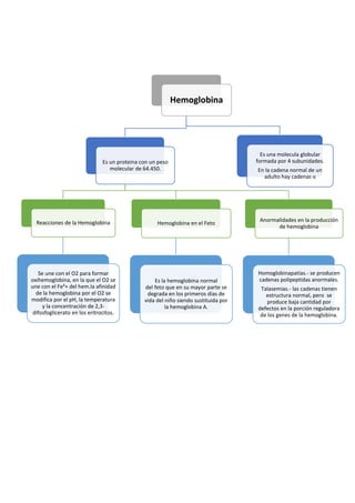 Hemoglobina
Es un proteina con un peso
molecular de 64.450.
Reacciones de la Hemoglobina
Se une con el O2 para formar
oxihemoglobina, en la que el O2 se
une con el Fe²+ del hem.la afinidad
de la hemoglobina por el O2 se
modifica por el pH, la temperatura
y la concentración de 2,3-
difosfoglicerato en los eritrocitos.
Hemoglobina en el Feto
Es la hemoglobina normal
del feto que en su mayor parte se
degrada en los primeros días de
vida del niño siendo sustituida por
la hemoglobina A.
Anormalidades en la producción
de hemoglobina
Homoglobinapatías.- se producen
cadenas polipeptidas anormales.
Talasemias.- las cadenas tienen
estructura normal, pero se
produce baja cantidad por
defectos en la porción reguladora
de los genes de la hemoglobina.
Es una molecula globular
formada por 4 subunidades.
En la cadena normal de un
adulto hay cadenas α
 