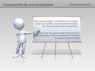Componentes de una computadora                           Informática básica




                  Es el soporte lógico o inmaterial (no se puede
                   tocar) que permite a la computadora realizar
                           las diversas tareas que le asignemos


                       Es lo que nos permite darle instrucciones a
                    los dispositivos físicos (hardware) o transmitir,
                                          procesar y organizar datos
 