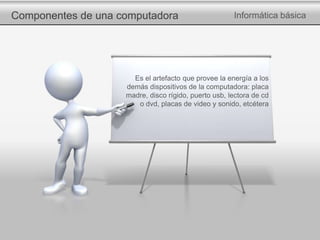 Componentes de una computadora Informática básica
Es el artefacto que provee la energía a los
demás dispositivos de la computadora: placa
madre, disco rígido, puerto usb, lectora de cd
o dvd, placas de video y sonido, etcétera
 