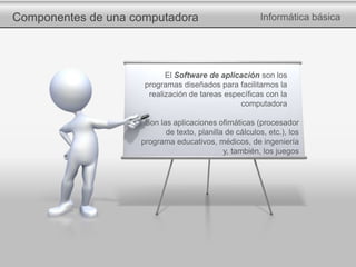 Componentes de una computadora Informática básica
Son las aplicaciones ofimáticas (procesador
de texto, planilla de cálculos, etc.), los
programa educativos, médicos, de ingeniería
y, también, los juegos
El Software de aplicación son los
programas diseñados para facilitarnos la
realización de tareas específicas con la
computadora
 