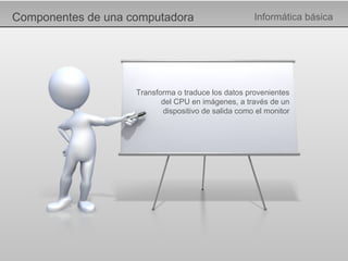 Componentes de una computadora Informática básica Transforma o traduce los datos provenientes del CPU en imágenes, a través de un dispositivo de salida como el monitor 