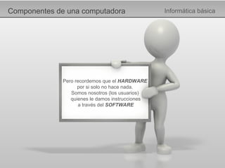 Componentes de una computadora Informática básica Pero recordemos que el  HARDWARE por si solo no hace nada. Somos nosotros (los usuarios)  quienes le damos instrucciones  a través del  SOFTWARE 