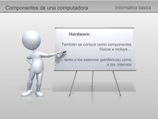 Componentes de una computadora Informática básica Hardware: También se conoce como componentes físicos e incluye…   ...tanto a los externos (periféricos) como  a los  internos 