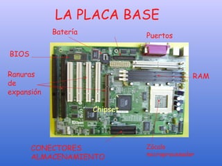 LA PLACA BASE
Chipset
BIOS
Zócalo
microprocesador
RAM
Batería
Ranuras
de
expansión
Puertos
CONECTORES
ALMACENAMIENTO
 