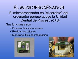 EL MICROPROCESADOR
El microprocesador es “el cerebro” del
ordenador porque acoge la Unidad
Central de Proceso (CPU)
Sus funciones son:
Procesar las instrucciones
Realizar los cálculos
Manejar el flujo de información
 