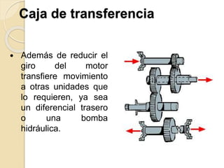 Caja de transferencia
 Además de reducir el
giro del motor
transfiere movimiento
a otras unidades que
lo requieren, ya sea
un diferencial trasero
o una bomba
hidráulica.
 