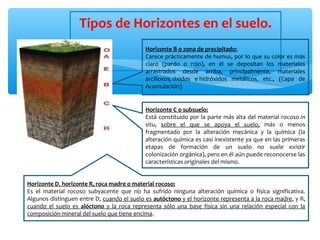 Tipos de Horizontes en el suelo.
Horizonte D, horizonte R, roca madre o material rocoso:
Es el material rocoso subyacente que no ha sufrido ninguna alteración química o física significativa.
Algunos distinguen entre D, cuando el suelo es autóctono y el horizonte representa a la roca madre, y R,
cuando el suelo es alóctono y la roca representa sólo una base física sin una relación especial con la
composición mineral del suelo que tiene encima.
Horizonte C o subsuelo:
Está constituido por la parte más alta del material rocoso in
situ, sobre el que se apoya el suelo, más o menos
fragmentado por la alteración mecánica y la química (la
alteración química es casi inexistente ya que en las primeras
etapas de formación de un suelo no suele existir
colonización orgánica), pero en él aún puede reconocerse las
características originales del mismo.
Horizonte B o zona de precipitado:
Carece prácticamente de humus, por lo que su color es más
claro (pardo o rojo), en él se depositan los materiales
arrastrados desde arriba, principalmente, materiales
arcillosos, óxidos e hidróxidos metálicos, etc., (Capa de
Acumulación).
 