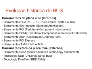 Evolução histórica do BUS
Barramentos da placa mãe (Internos)
• Barramentos: ISA, AGP, PCI, PCI Express, AMR e outros
• Barramento ISA (Industry Standard Architecture)
• Barramento PCI (Peripheral Component Interconnect)
• Barramento PCI-X (Peripheral Component Interconnect Extended)
• Barramento AGP (Accelerated Graphics Port)
• Barramento PCI Express
• Barramentos AMR, CNR e ACR
Barramentos fora da placa mãe (externos)
• Barramento SATA (Serial Advanced Technology Attachment)
• Tecnologia USB (Universal Serial Bus)
• Tecnologia FireWire (IEEE 1394)
Carlos Pereira 2014/2015
 