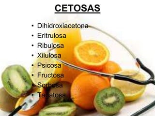 CETOSAS 
• Dihidroxiacetona 
• Eritrulosa 
• Ribulosa 
• Xilulosa 
• Psicosa 
• Fructosa 
• Sorbosa 
• Tagatosa 
 