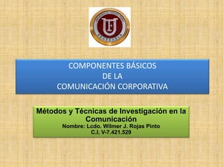 COMPONENTES BÁSICOS
DE LA
COMUNICACIÓN CORPORATIVA
Métodos y Técnicas de Investigación en la
Comunicación
Nombre: Lcdo. Wilmer J. Rojas Pinto
C.I. V-7.421.529
 