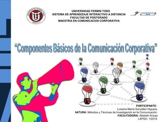 UNIVERSIDAD FERMÍN TORO
SISTEMA DE APRENDIZAJE INTERACTIVO A DISTANCIA
FACULTAD DE POSTGRADO
MAESTRÍA EN COMUNICACIÓN CORPORATIVA
PARTICIPANTE:
Luisana María González Higuera.
ASIGNATURA: Métodos y Técnicas de Investigación en la Comunicación.
FACILITADORA: Alisbeth Araujo
LAPSO: 1/2014.
 