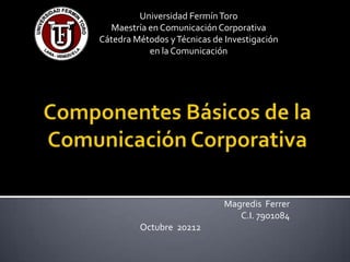 Universidad Fermín Toro
  Maestría en Comunicación Corporativa
Cátedra Métodos y Técnicas de Investigación
           en la Comunicación




                              Magredis Ferrer
                                 C.I. 7901084
         Octubre 20212
 