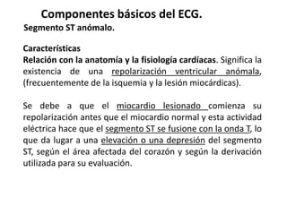Componentes básicos del ECG.
Segmento ST anómalo.
Características
Relación con la anatomía y la fisiología cardíacas. Significa la
existencia de una repolarización ventricular anómala,
(frecuentemente de la isquemia y la lesión miocárdicas).
Se debe a que el miocardio lesionado comienza su
repolarización antes que el miocardio normal y esta actividad
eléctrica hace que el segmento ST se fusione con la onda T, lo
que da lugar a una elevación o una depresión del segmento
ST, según el área afectada del corazón y según la derivación
utilizada para su evaluación.
 