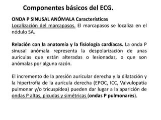 Componentes básicos del ECG.
ONDA P SINUSAL ANÓMALA Características
Localización del marcapasos. El marcapasos se localiza en el
nódulo SA.
Relación con la anatomía y la fisiología cardíacas. La onda P
sinusal anómala representa la despolarización de unas
aurículas que están alteradas o lesionadas, o que son
anómalas por alguna razón.
El incremento de la presión auricular derecha y la dilatación y
la hipertrofia de la aurícula derecha (EPOC, ICC, Valvulopatía
pulmonar y/o tricuspídea) pueden dar lugar a la aparición de
ondas P altas, picudas y simétricas (ondas P pulmonares).
 