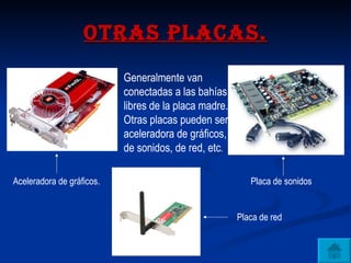 Otras placas. Generalmente van conectadas a las bahías libres de la placa madre. Otras placas pueden ser aceleradora de gráficos, de sonidos, de red, etc . Aceleradora de gráficos . Placa de sonidos Placa de red 
