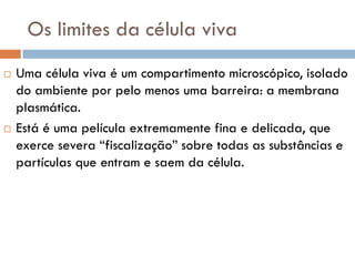 Os limites da célula viva
   Uma célula viva é um compartimento microscópico, isolado
    do ambiente por pelo menos uma barreira: a membrana
    plasmática.
   Está é uma película extremamente fina e delicada, que
    exerce severa “fiscalização” sobre todas as substâncias e
    partículas que entram e saem da célula.
 