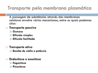 Transporte pela membrana plasmática
    A passagem de substâncias através das membranas
    celulares envolve vários mecanismos, entre os quais podemos
    citar:
   Transporte passivo
       Osmose
       Difusão simples
       Difusão facilitada

   Transporte ativo
       Bomba de sódio e potássio

   Endocitose e exocitose
       Fagocitose
       Pinocitose
 