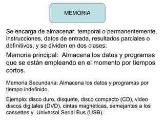 MEMORIA


Se encarga de almacenar, temporal o permanentemente,
instrucciones, datos de entrada, resultados parciales o
definitivos, y se dividen en dos clases:
Memoria principal: Almacena los datos y programas
que se están empleando en el momento por tiempos
cortos.
Memoria Secundaria: Almacena los datos y programas por
tiempo indefinido.
Ejemplo: disco duro, disquete, disco compacto (CD), video
discos digitales (DVD), cintas magnéticas, semejantes a los
cassettes y Universal Serial Bus (USB).
 