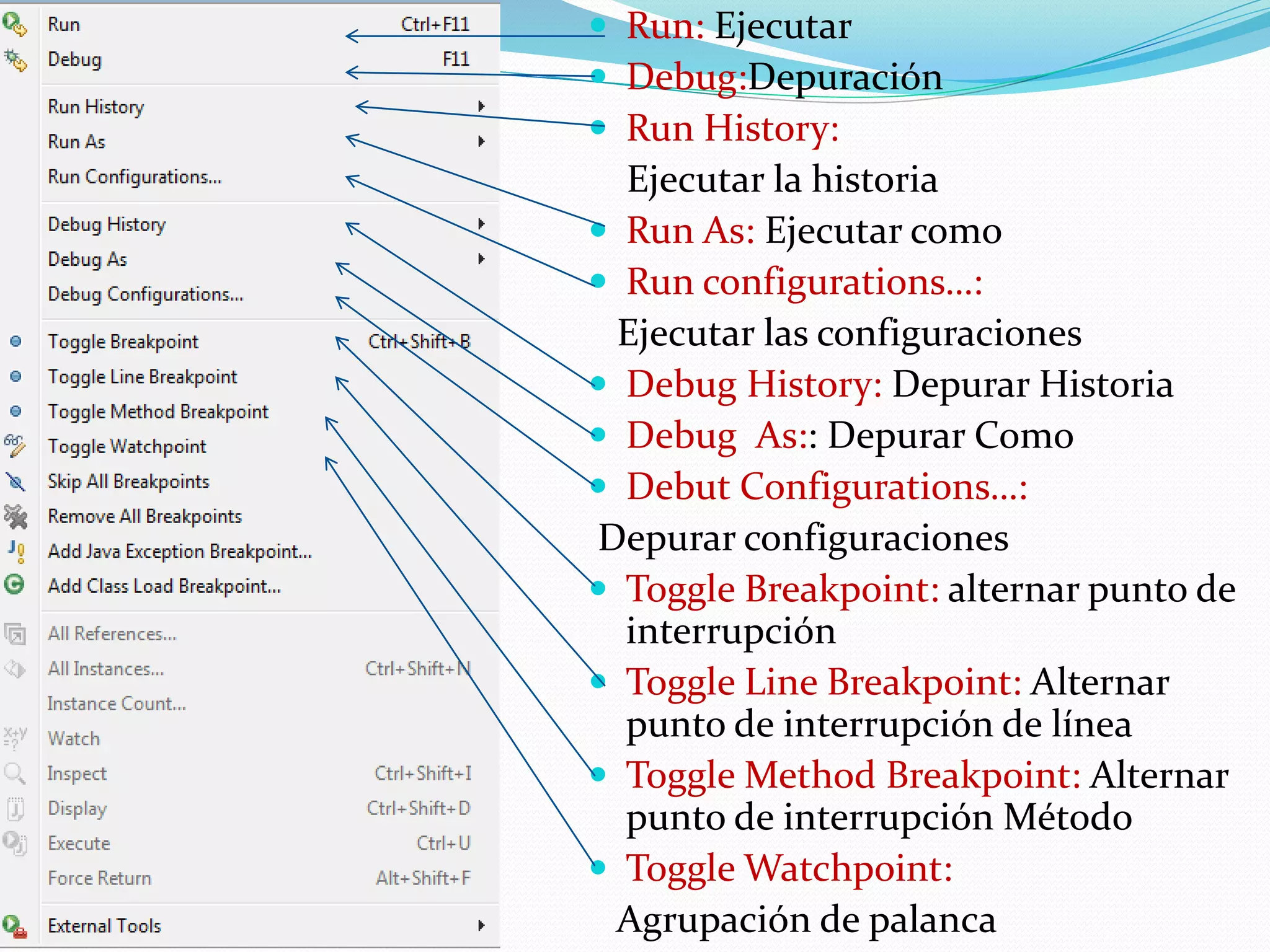  Run: Ejecutar
 Debug:Depuración
 Run History:
Ejecutar la historia
 Run As: Ejecutar como
 Run configurations…:
Ejecutar las configuraciones
 Debug History: Depurar Historia
 Debug As:: Depurar Como
 Debut Configurations…:
Depurar configuraciones
 Toggle Breakpoint: alternar punto de
interrupción
 Toggle Line Breakpoint: Alternar
punto de interrupción de línea
 Toggle Method Breakpoint: Alternar
punto de interrupción Método
 Toggle Watchpoint:
Agrupación de palanca
 